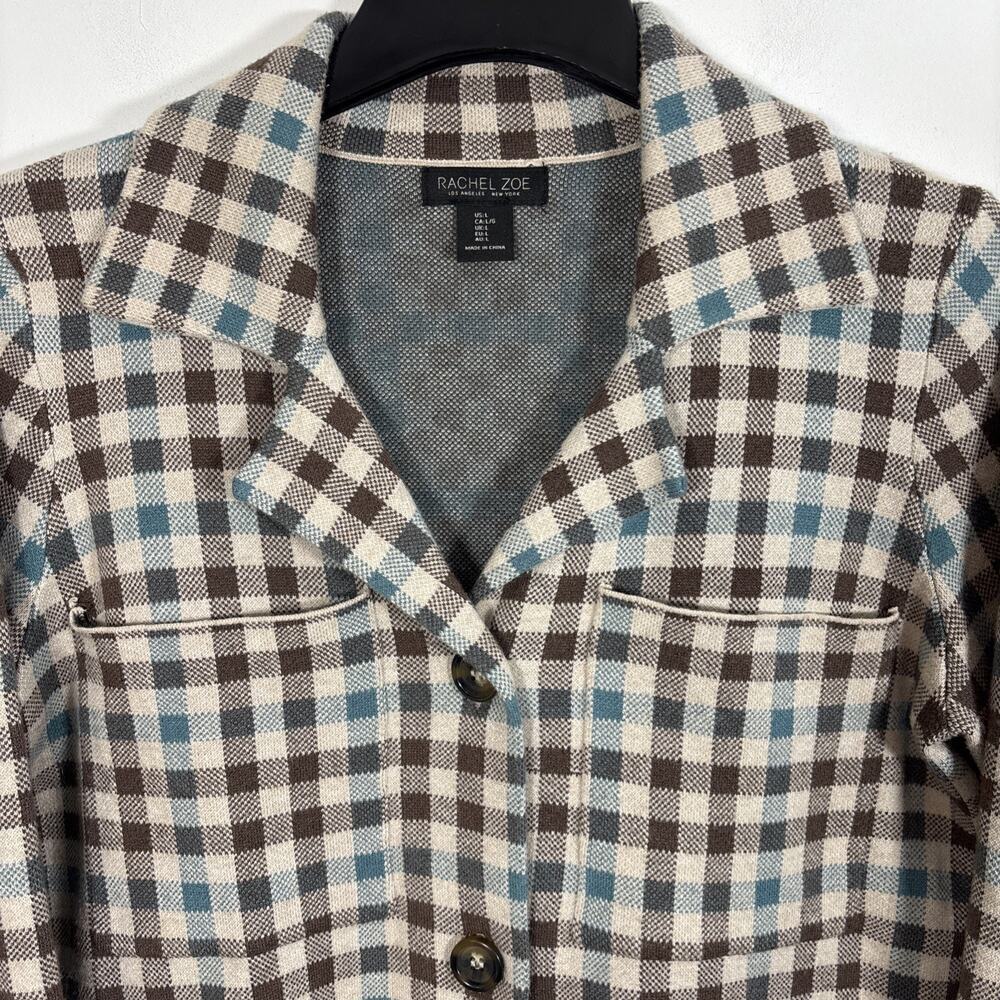 Rachel Zoe Button Up Cardigan Shacket Sweater Blazer Brown‎ Plaid Large Fall - Picture 4 of 8